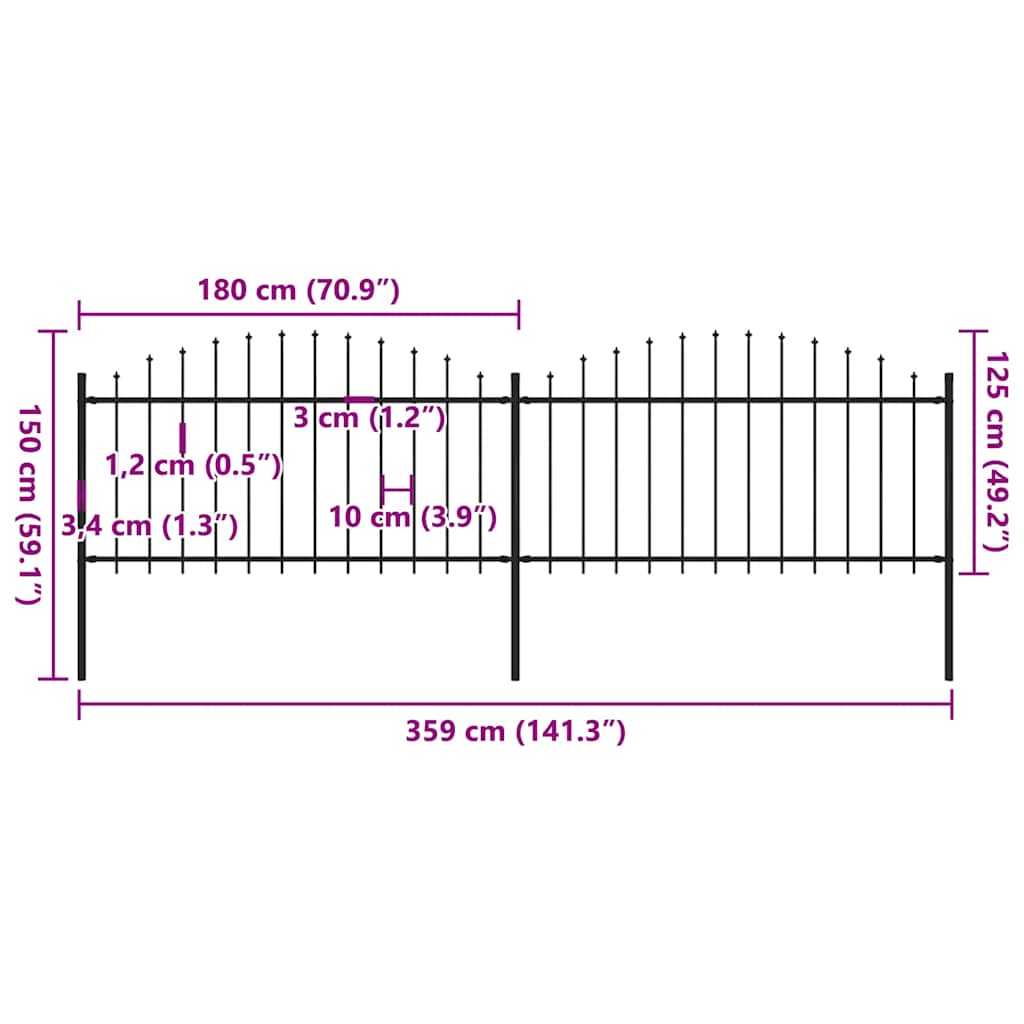 Garden Fence with Spear Top Steel 359x150 cm Black (2x144943)
