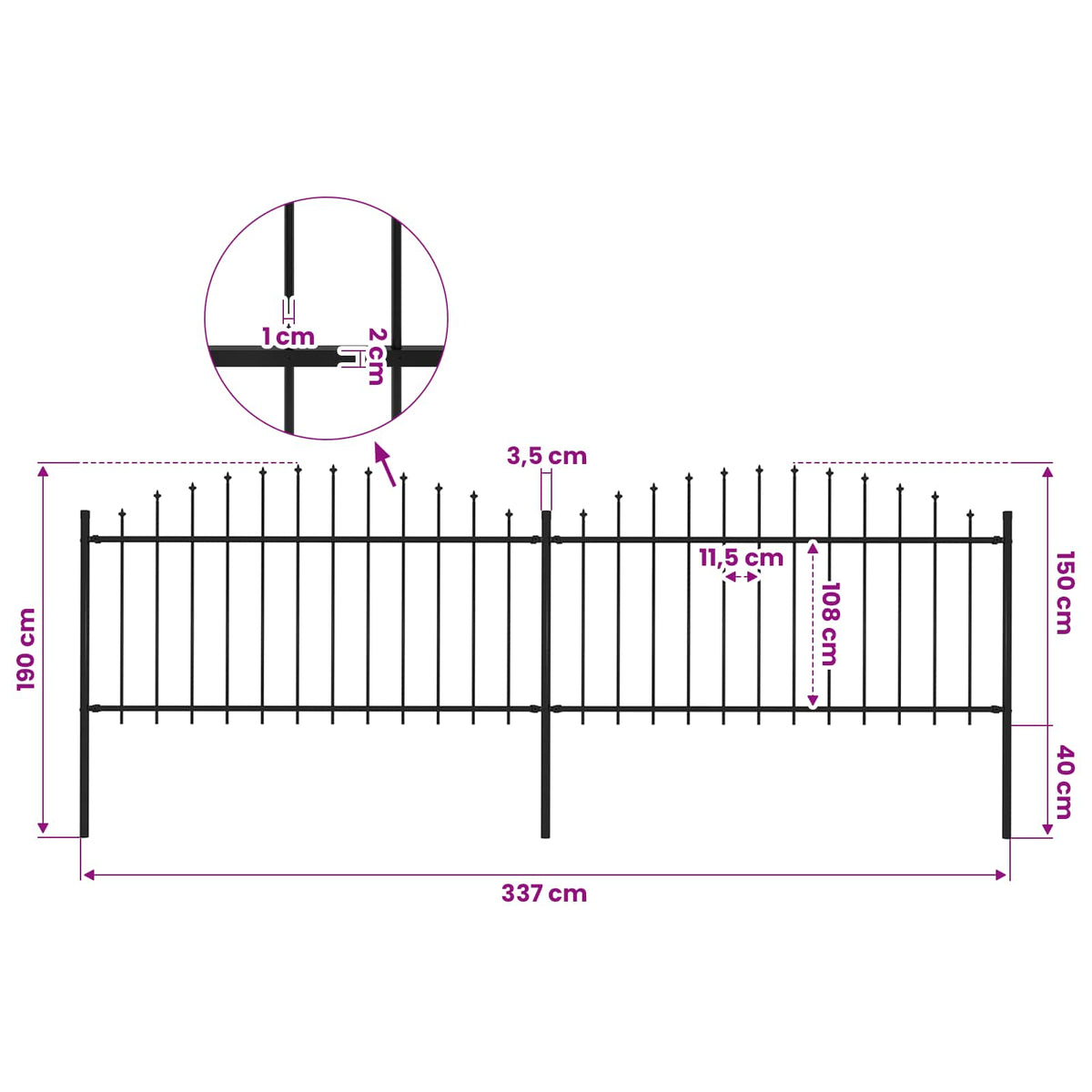 Garden Fence with Spear Top Steel 359x150 cm Black (2x144943)