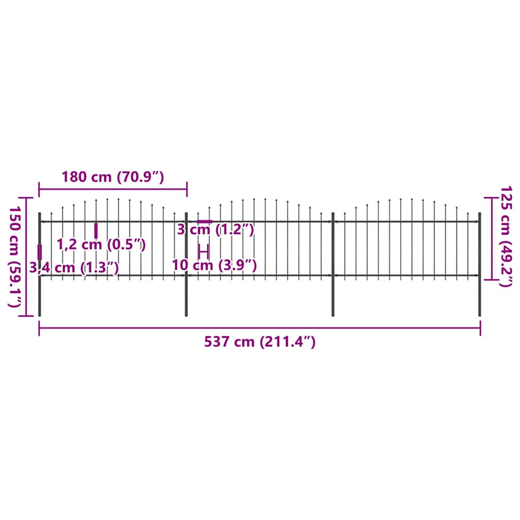 Garden Fence with Spear Top Steel 537x150 cm Black (3x144943)