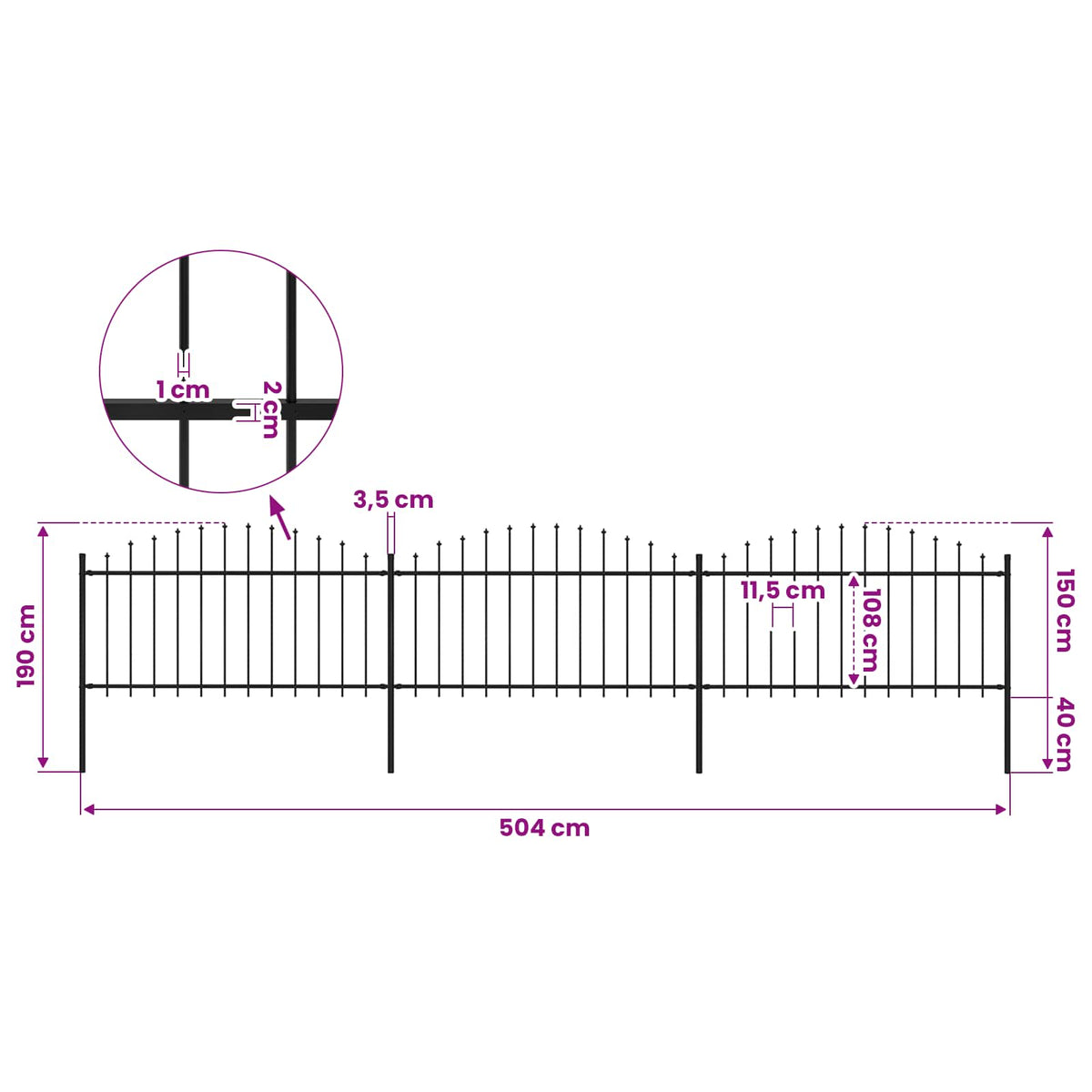 Garden Fence with Spear Top Steel 537x150 cm Black (3x144943)