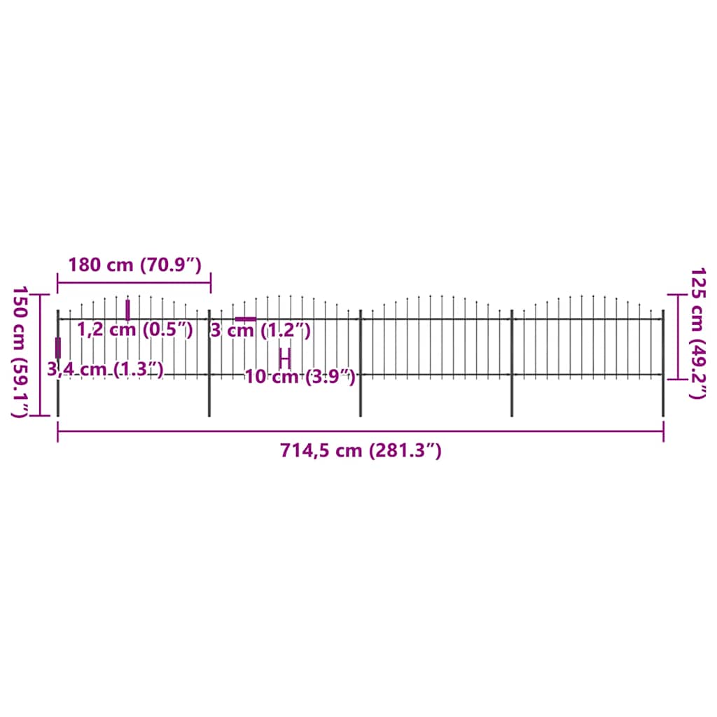 Garden Fence with Spear Top Steel 714,5x150 cm Black (4x144943)