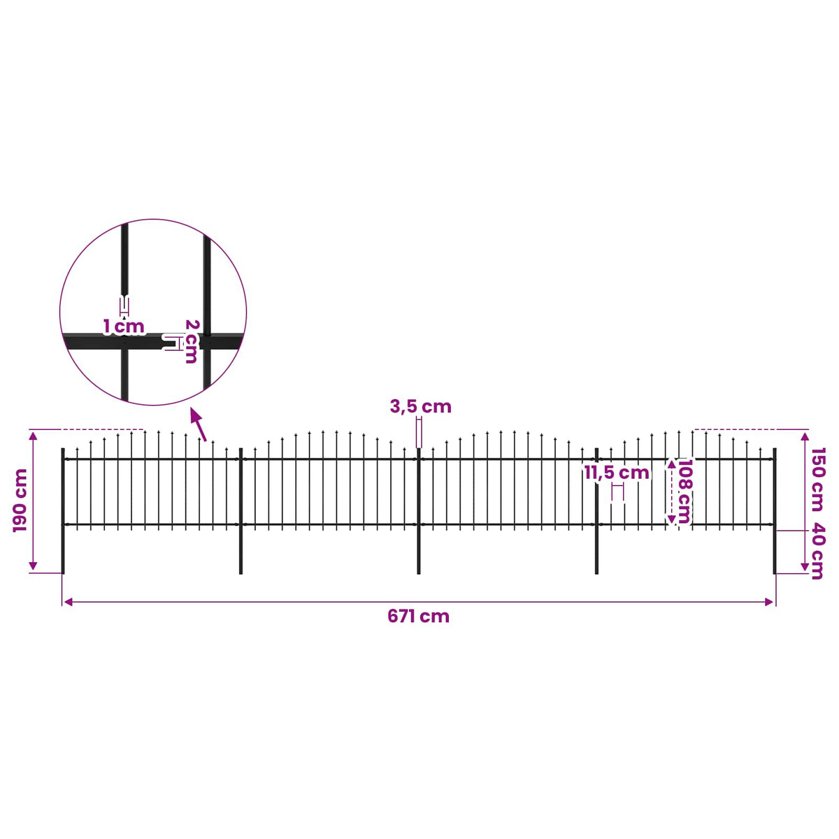 Garden Fence with Spear Top Steel 714,5x150 cm Black (4x144943)
