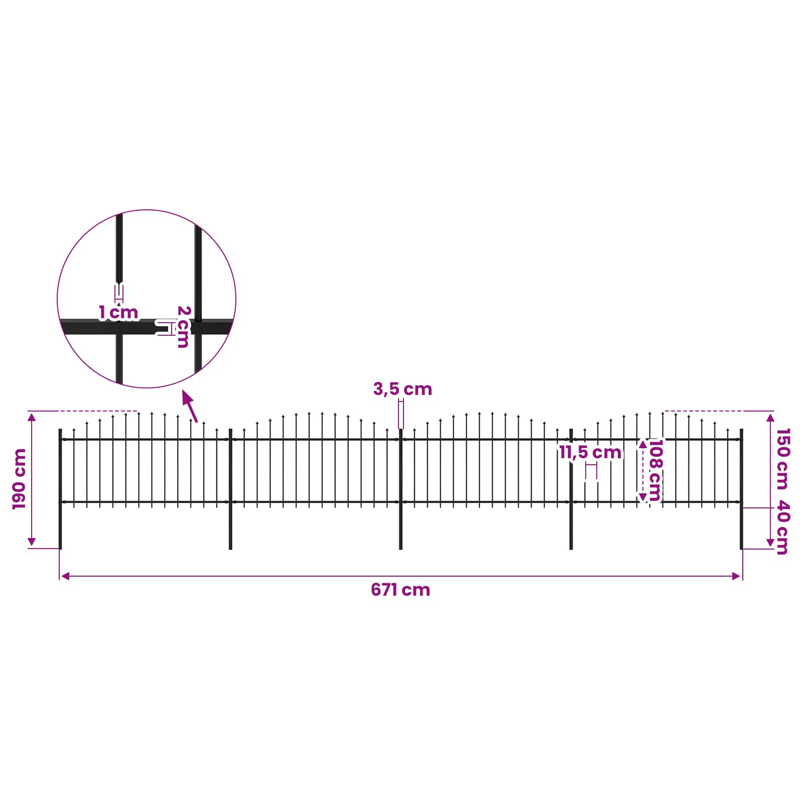 Garden Fence with Spear Top Steel 714,5x150 cm Black (4x144943)