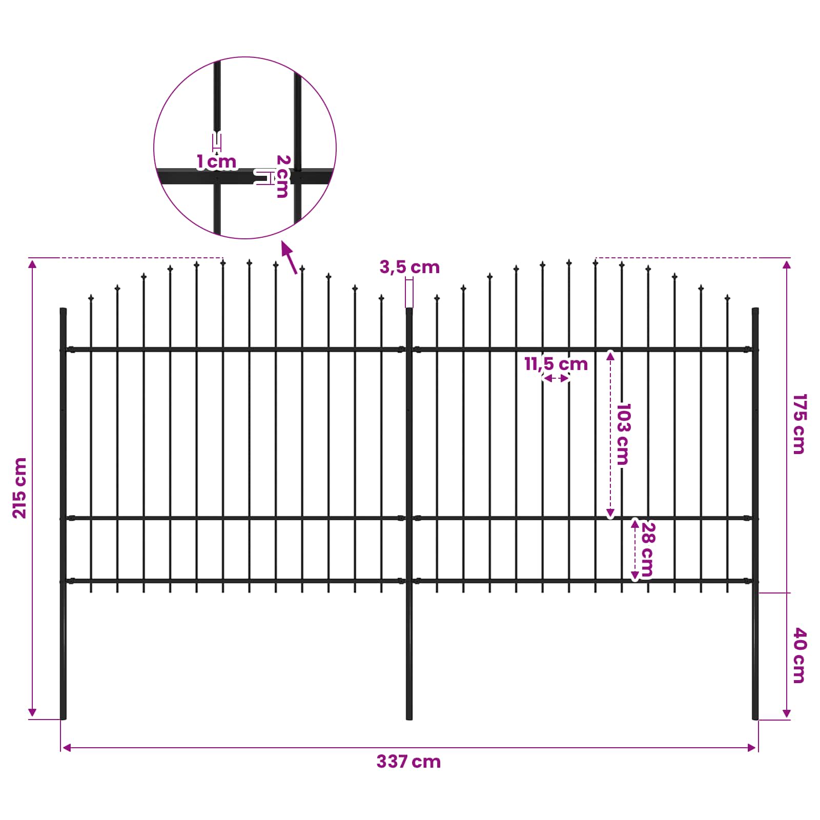 Garden Fence with Spear Top Steel 359x175 cm Black (2x144944)