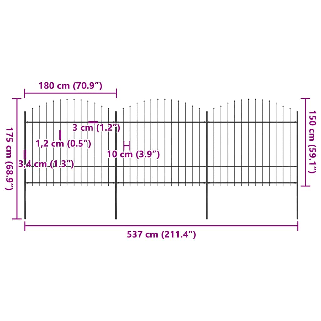 Garden Fence with Spear Top Steel 537x175 cm Black (3x144944)