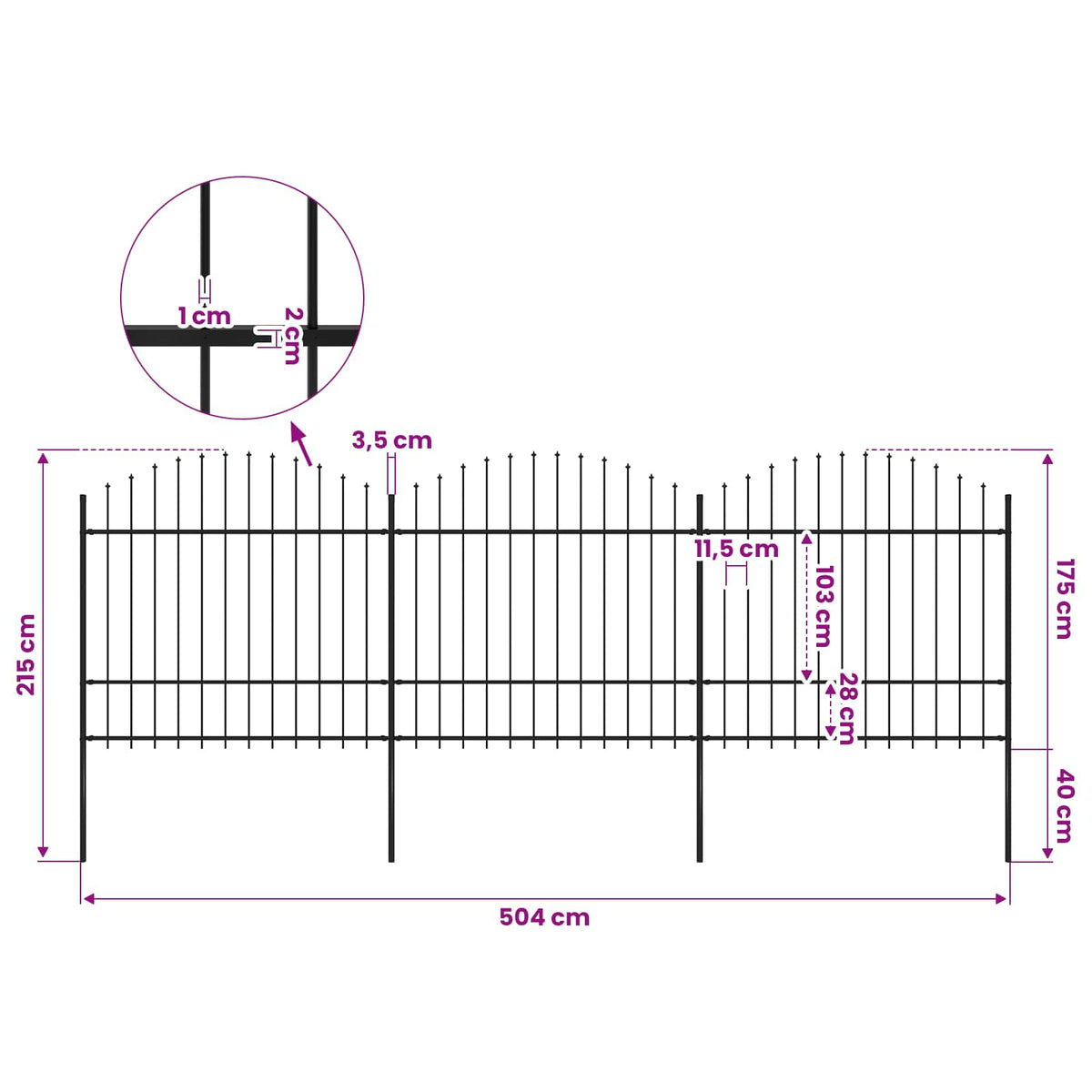 Garden Fence with Spear Top Steel 537x175 cm Black (3x144944)