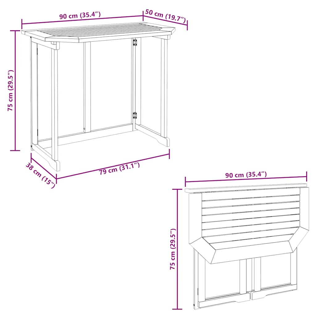 Folding Balcony Table 90x50x74 cm Solid Acacia Wood