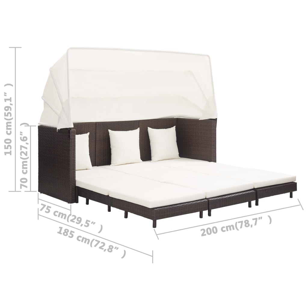 Extendable 3-Seater Sofa Bed with Roof Poly Rattan Brown