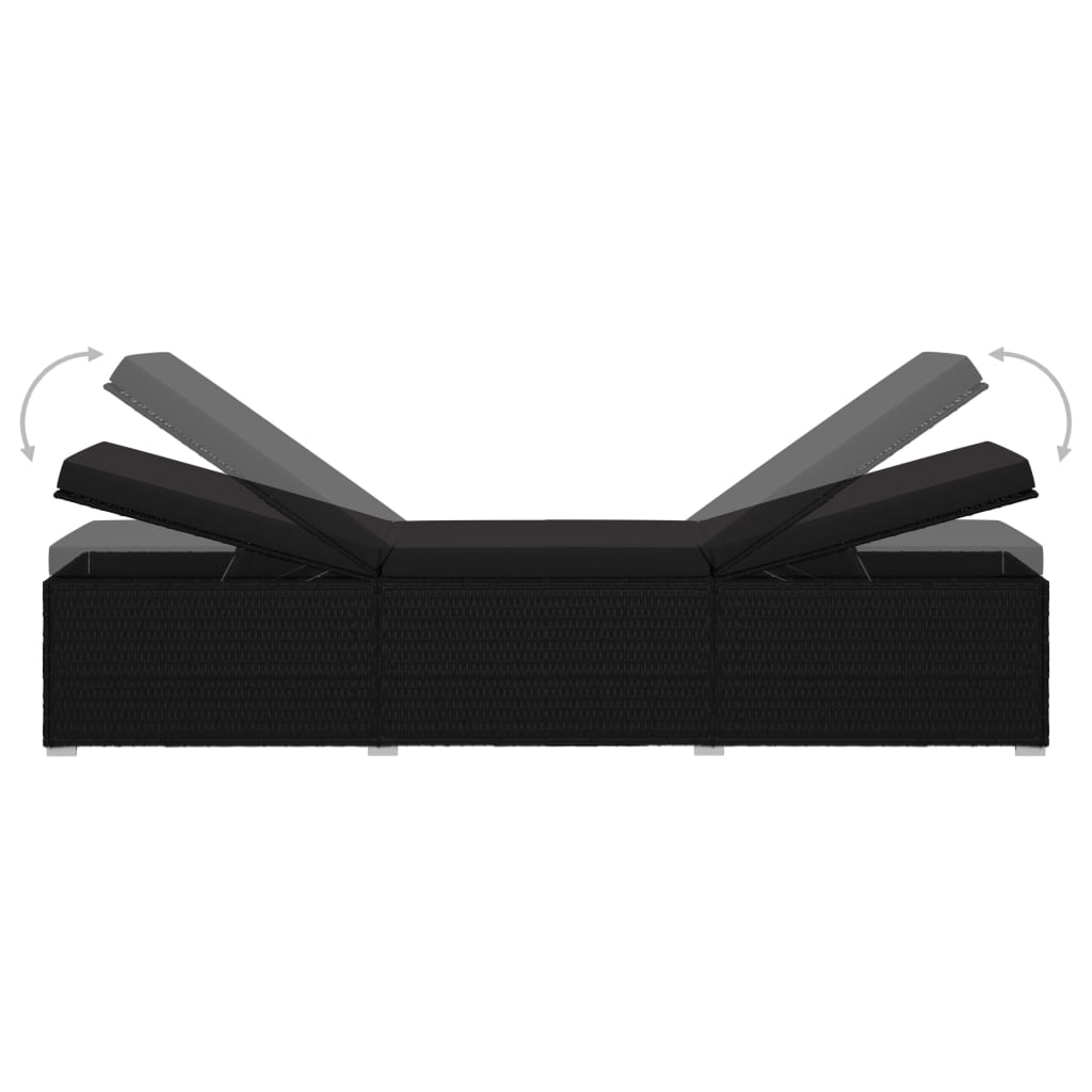 Sun Lounger with Cushion and Tea Table Poly Rattan Black