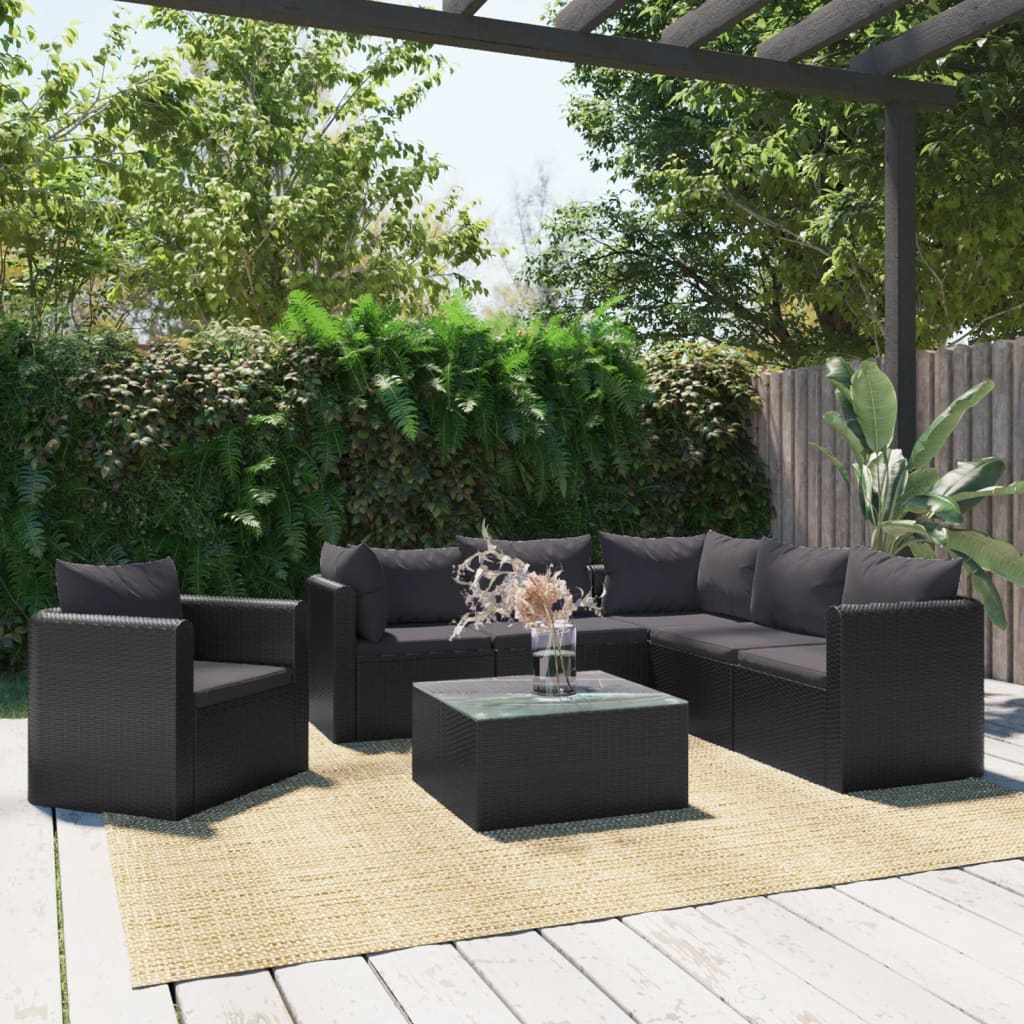 7 Piece Garden Lounge Set with Cushions Poly Rattan Black