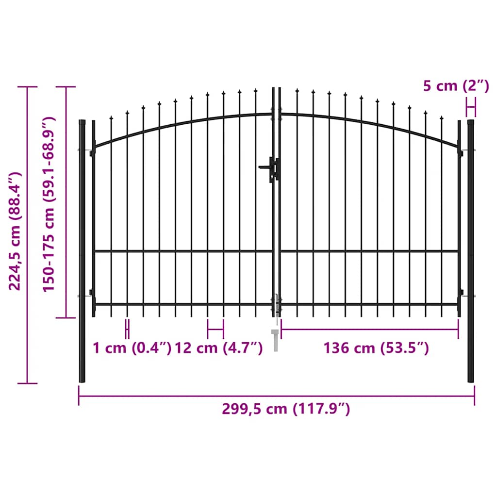 Fence Gate Double Door with Spike Top Steel 3x1.75 m Black