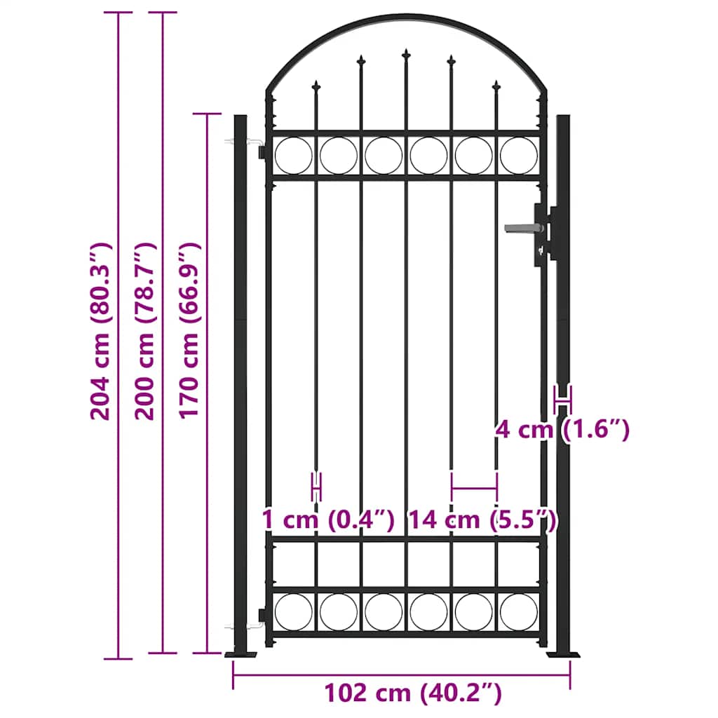 Fence Gate with Arched Top and 2 Posts 105x204 cm Black