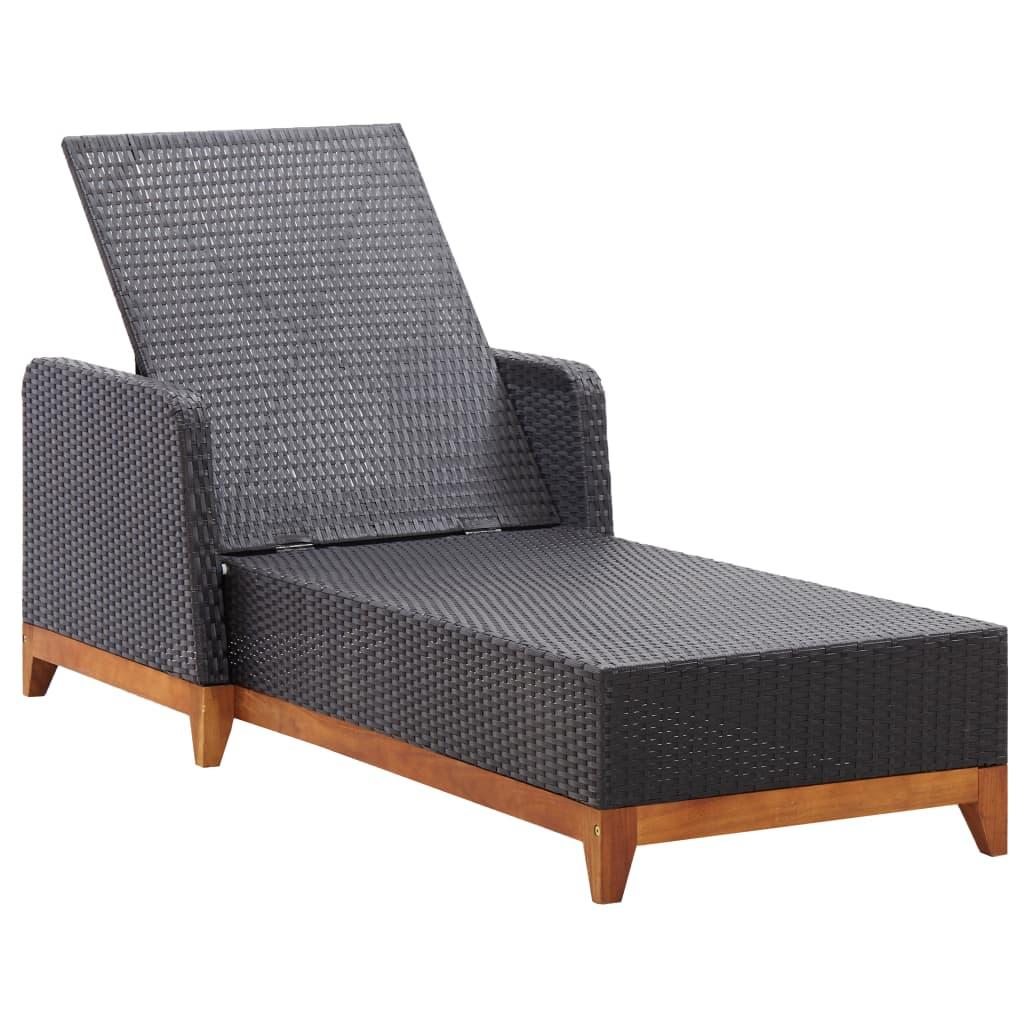Sun Lounger Poly Rattan and Solid Acacia Wood Black