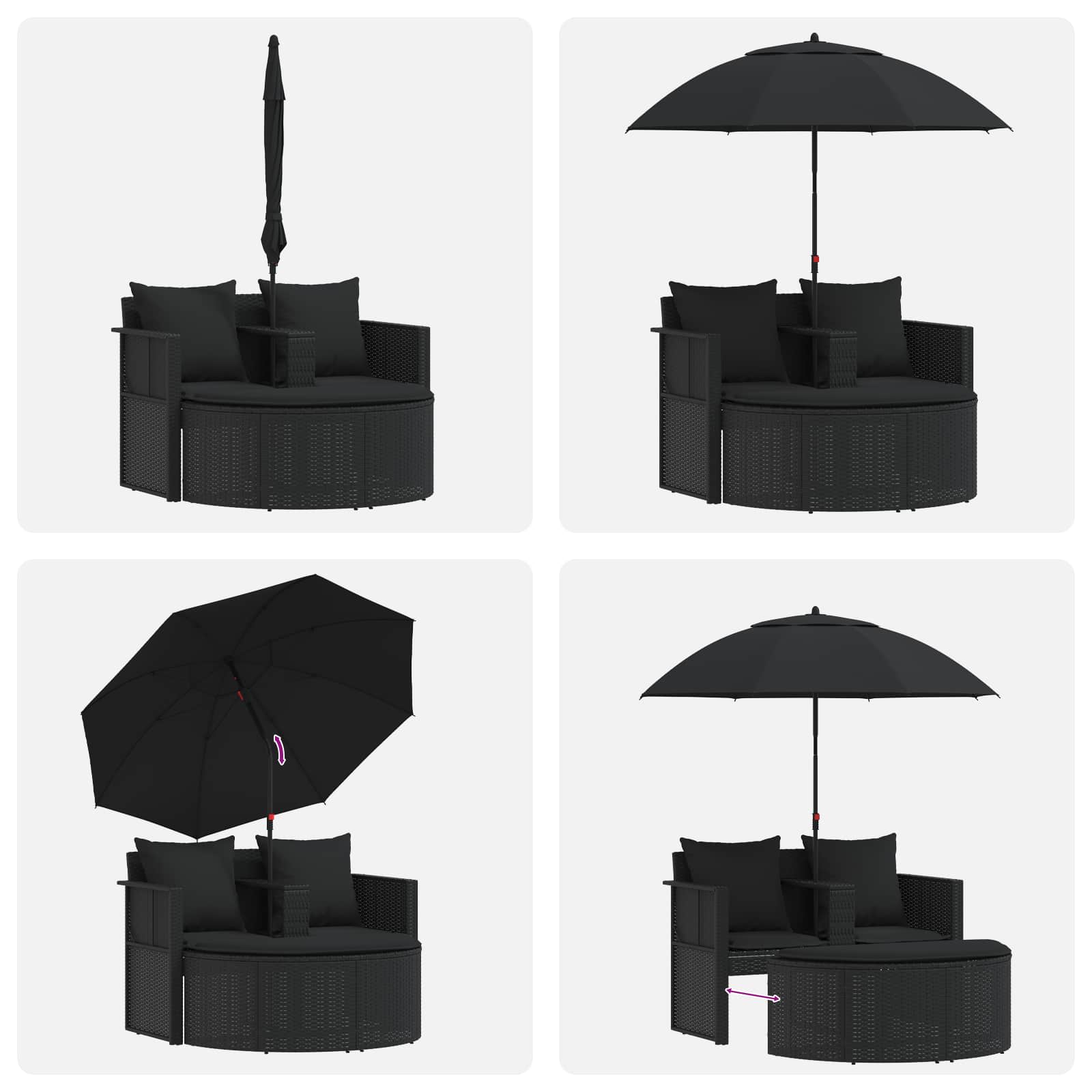 Garden Bed with Parasol Poly Rattan Black