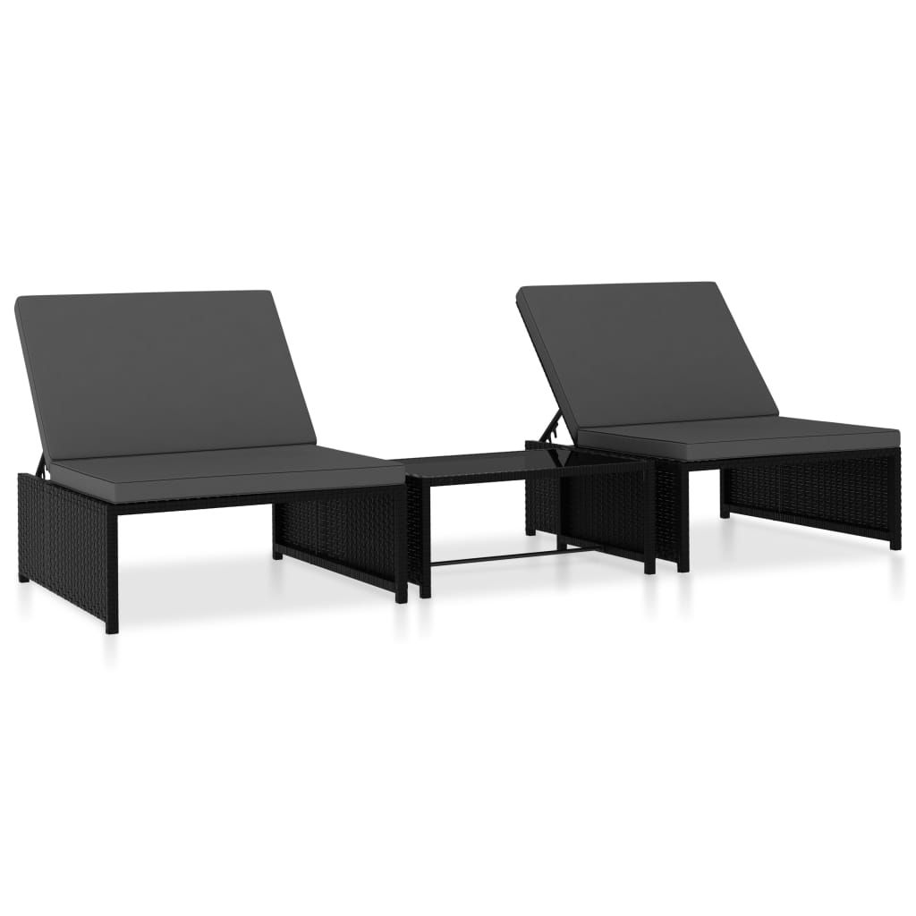 Reclining Garden Chairs 2 pcs with Table Black Poly Rattan