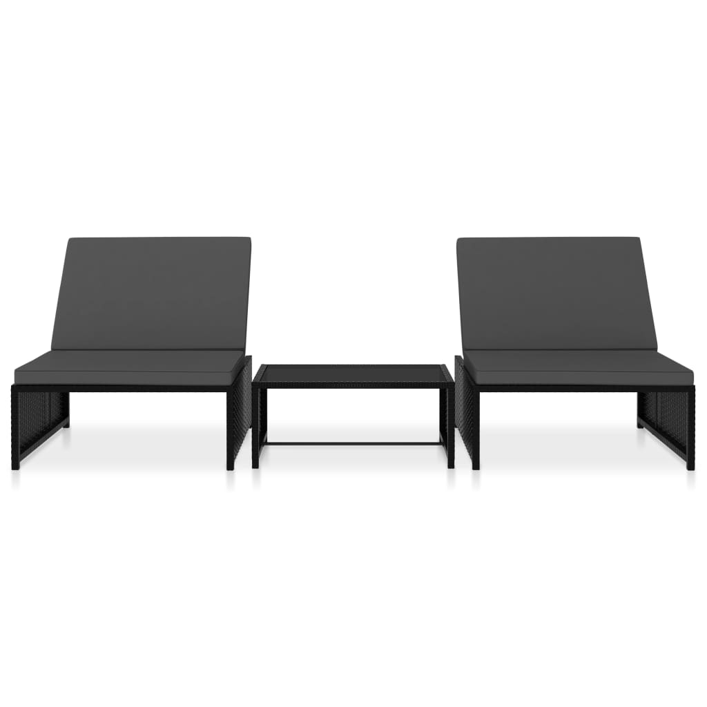 Reclining Garden Chairs 2 pcs with Table Black Poly Rattan