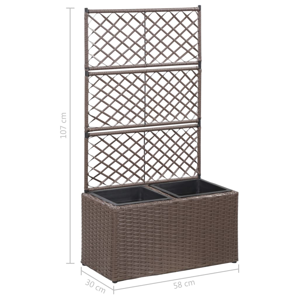 Trellis Raised Bed with 2 Pots 58x30x107 cm Poly Rattan Brown