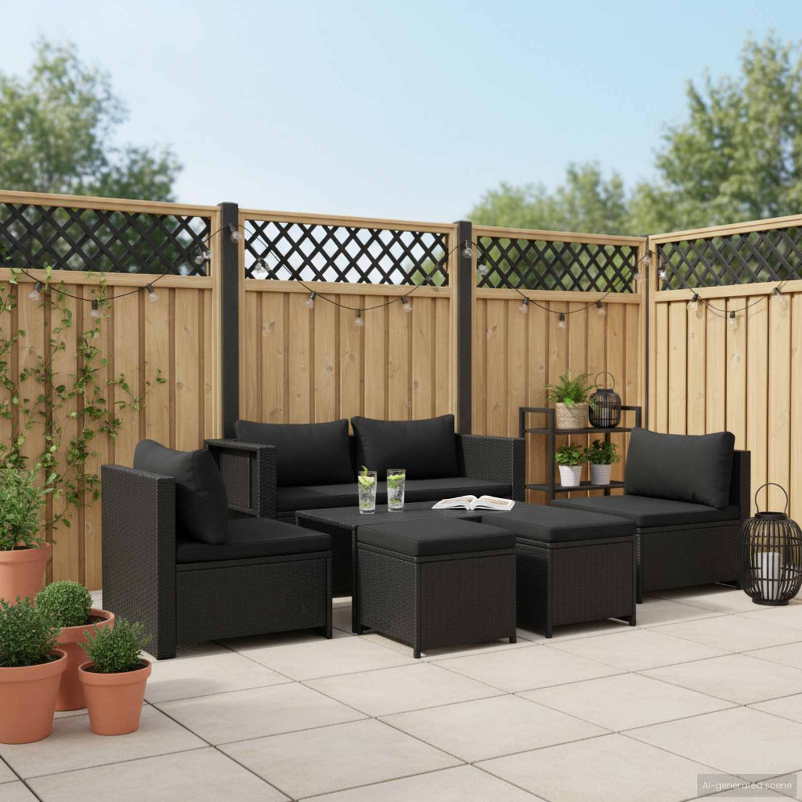 6 Piece Garden Lounge Set with Cushions Poly Rattan Black