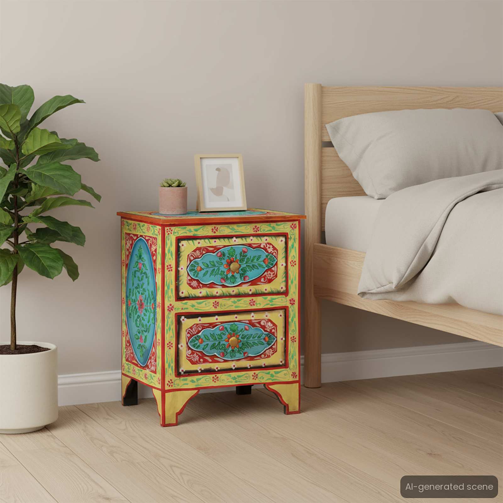 Hand Painted Bedside Cabinet 40x30x50 cm Solid Mango Wood