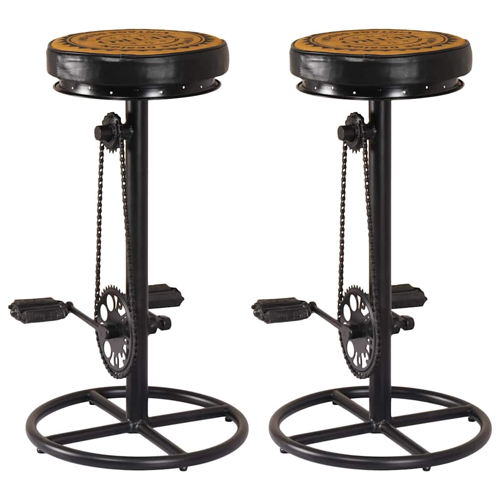 Bar Stools with Canvas Print 2 pcs Black and Brown Real Leather