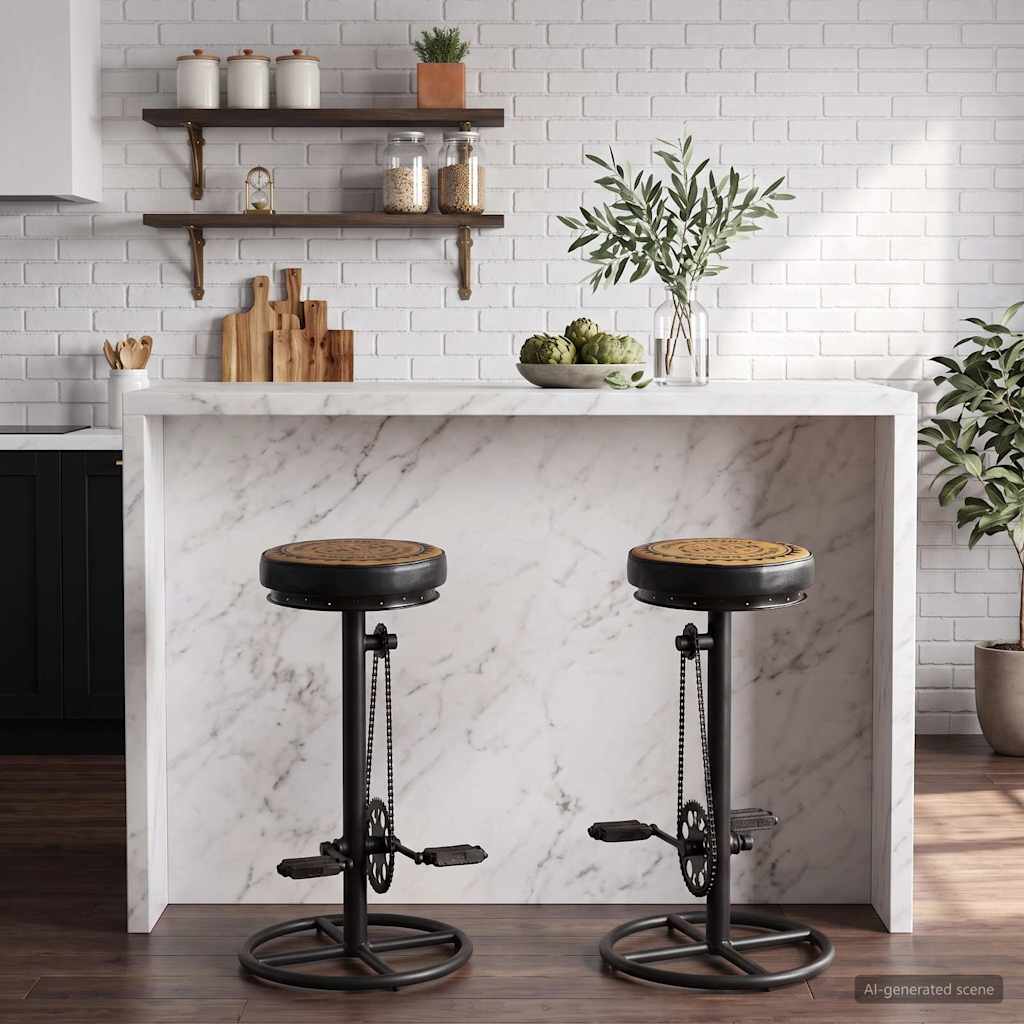 Bar Stools with Canvas Print 2 pcs Black and Brown Real Leather