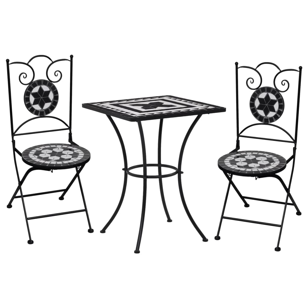 3 Piece Mosaic Bistro Set Ceramic Tile Black and White