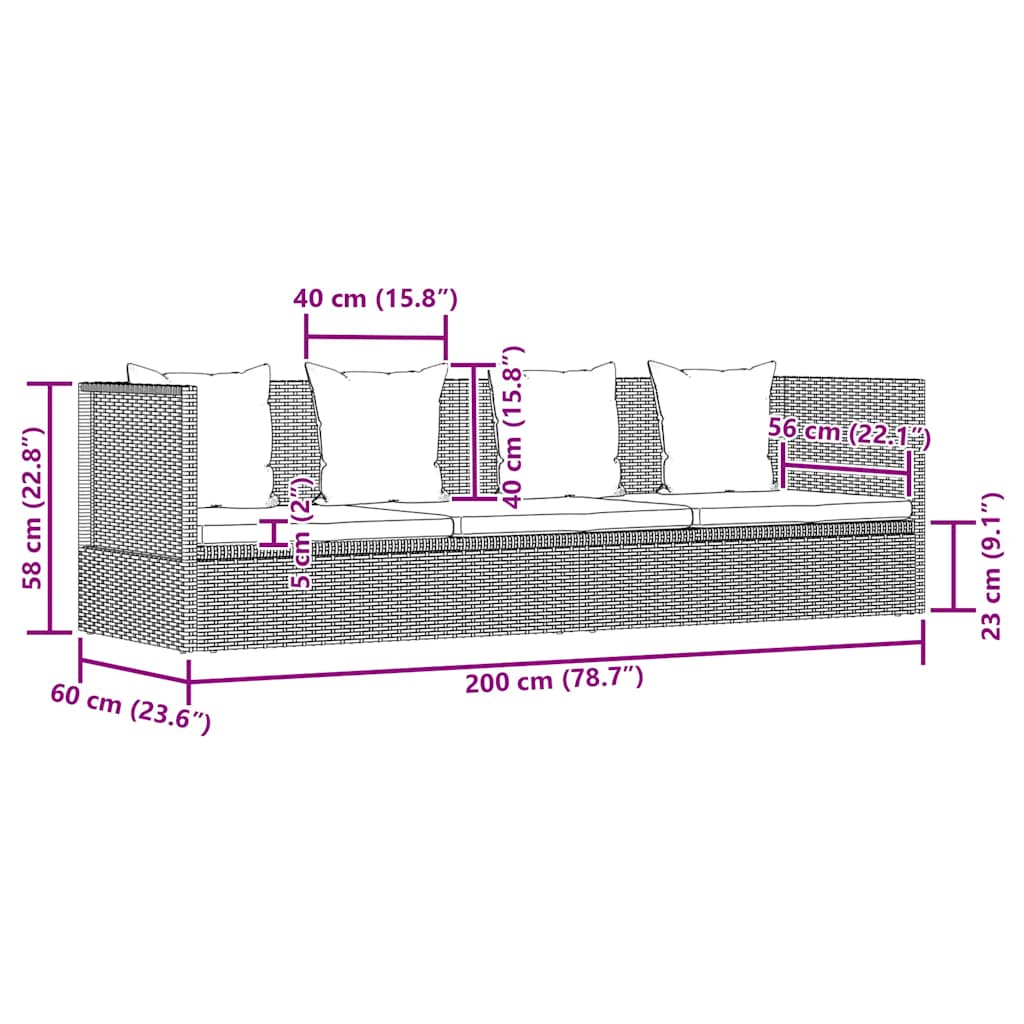 Garden Bed with Cushion & Pillows Poly Rattan Black