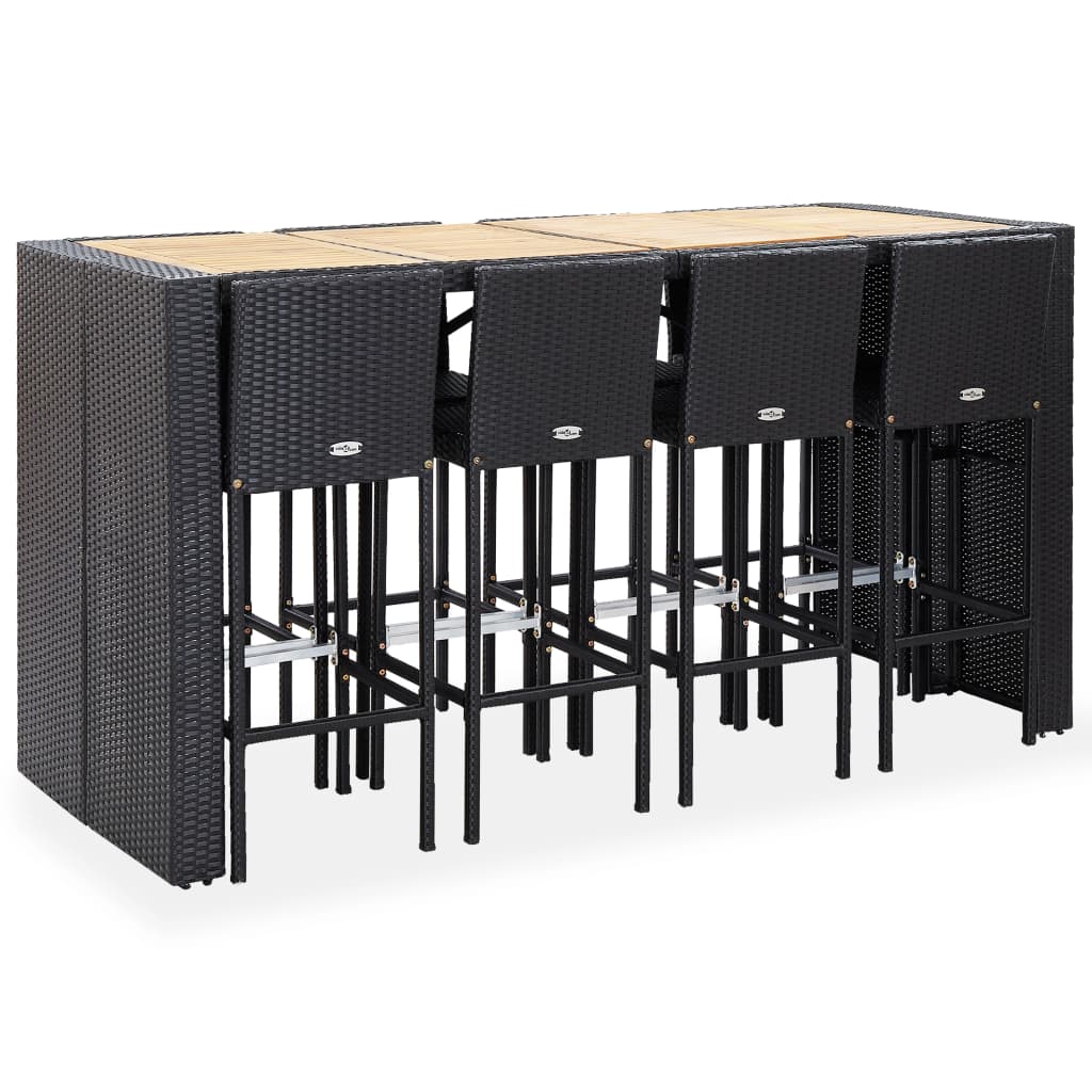 9 Piece Outdoor Bar Set Poly Rattan and Acacia Wood Black