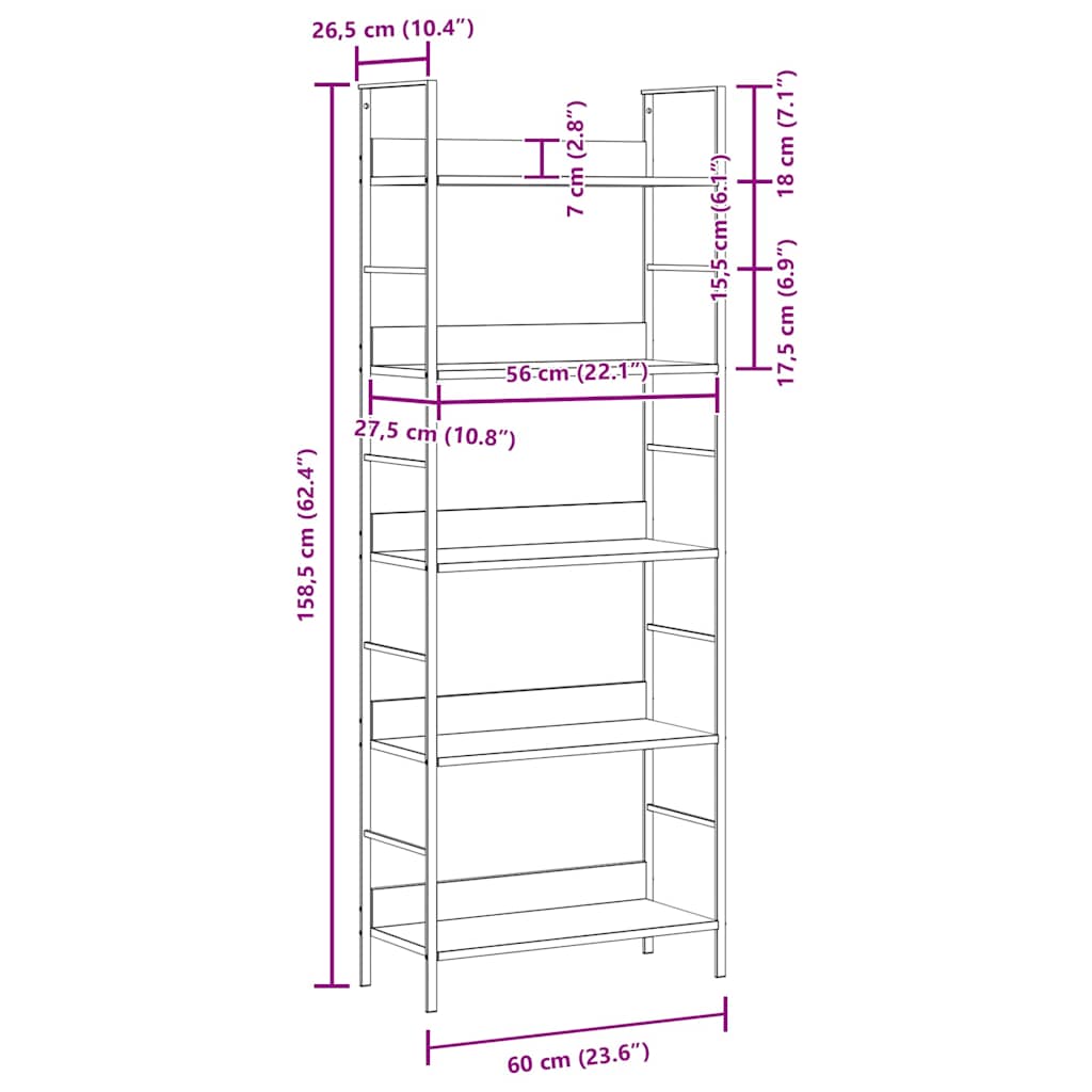 5-Layer Book Shelf Oak 60x27.6x158.5 cm Engineered Wood
