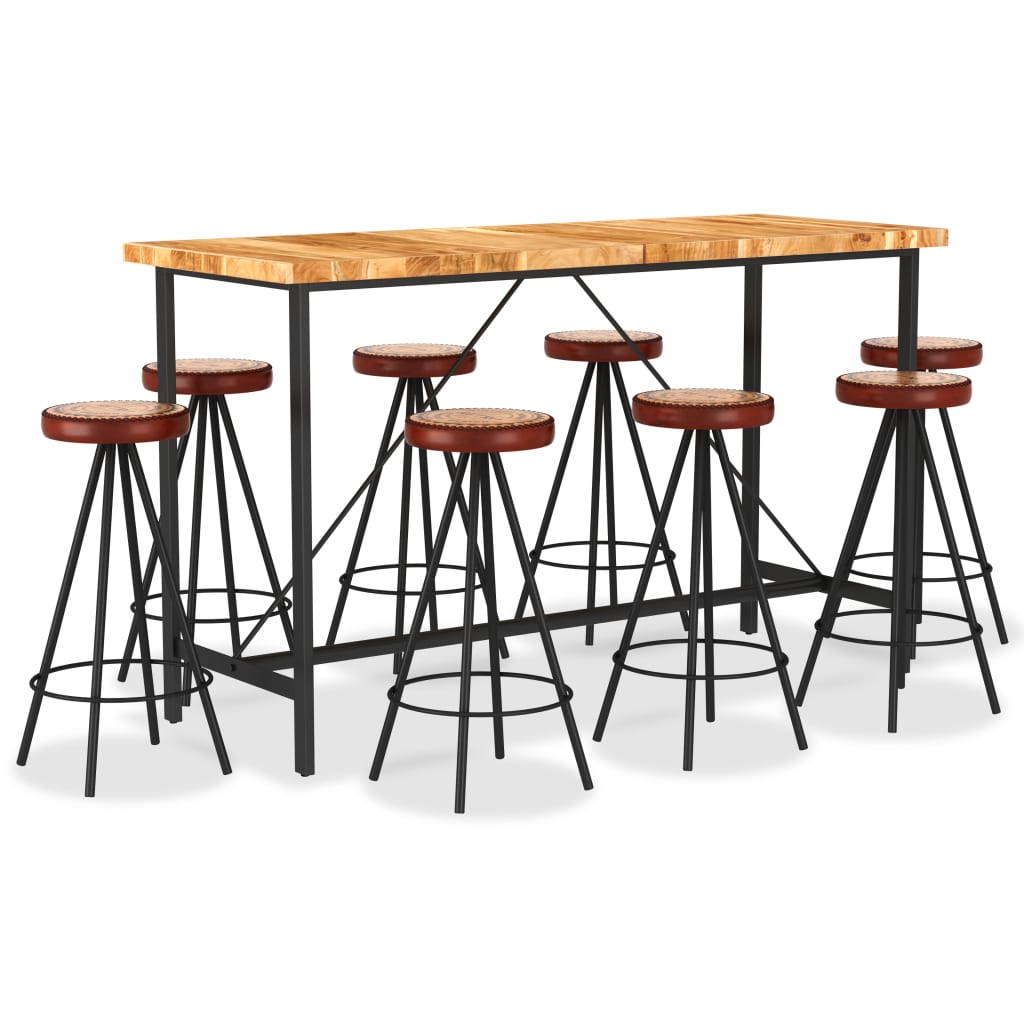 9 Piece Bar Set Solid Acacia Wood. Genuine Leather &amp; Canvas