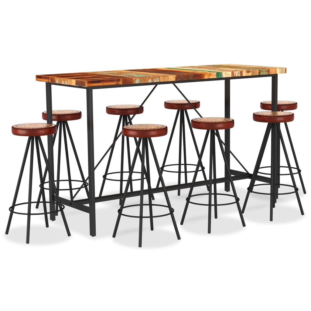 9 Piece Bar Set Solid Reclaimed Wood Genuine Leather &amp; Canvas