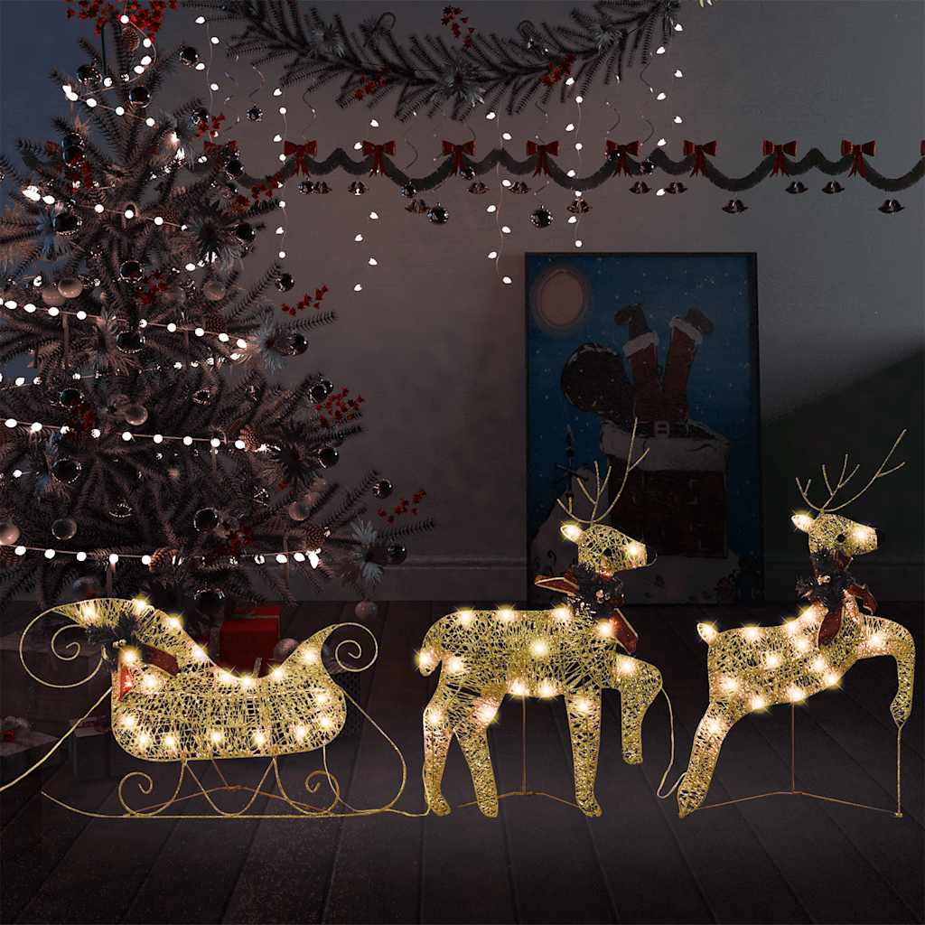 Reindeer &amp; Sleigh Christmas Decoration 60 LEDs Outdoor Gold
