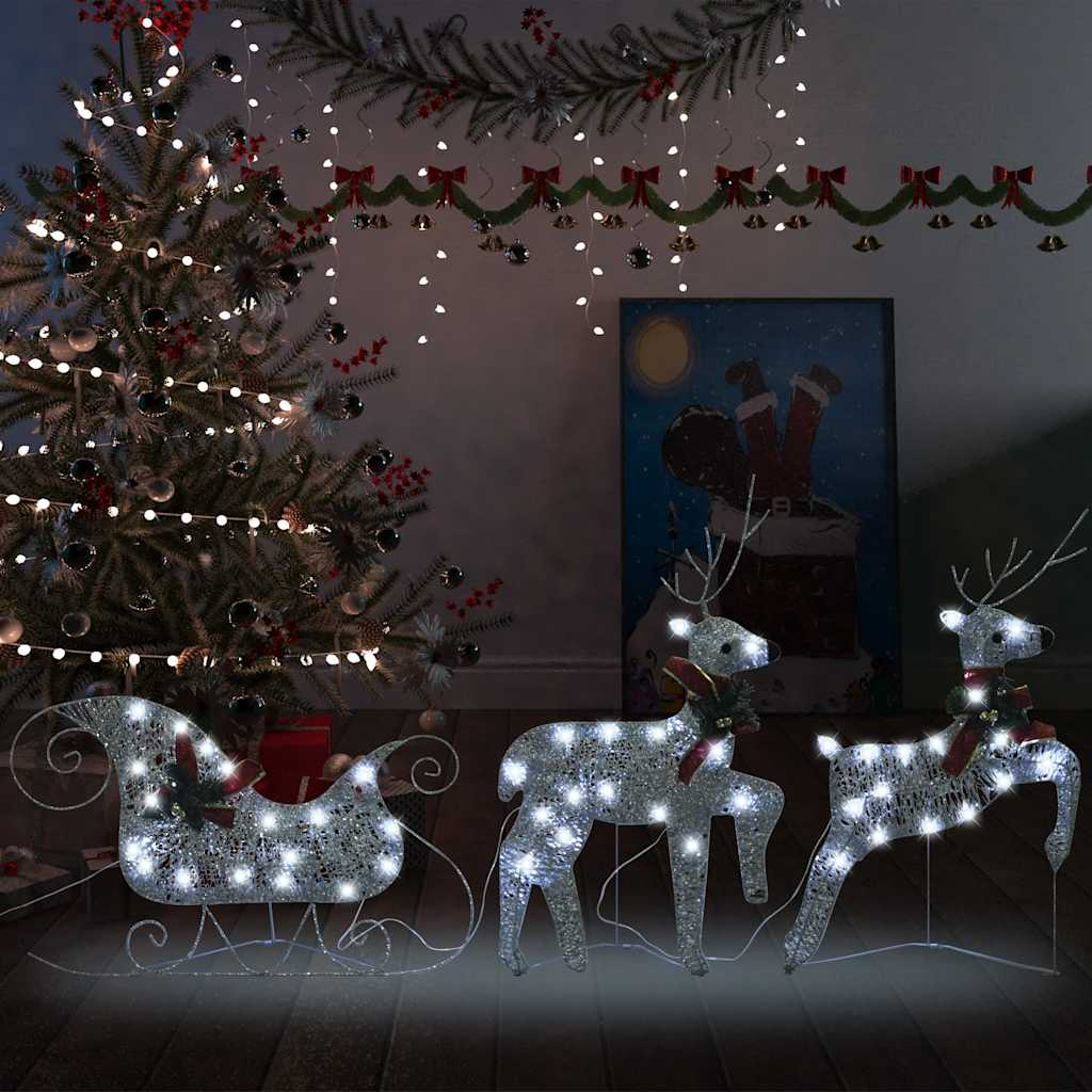 Reindeer &amp; Sleigh Christmas Decoration 60 LEDs Outdoor Silver