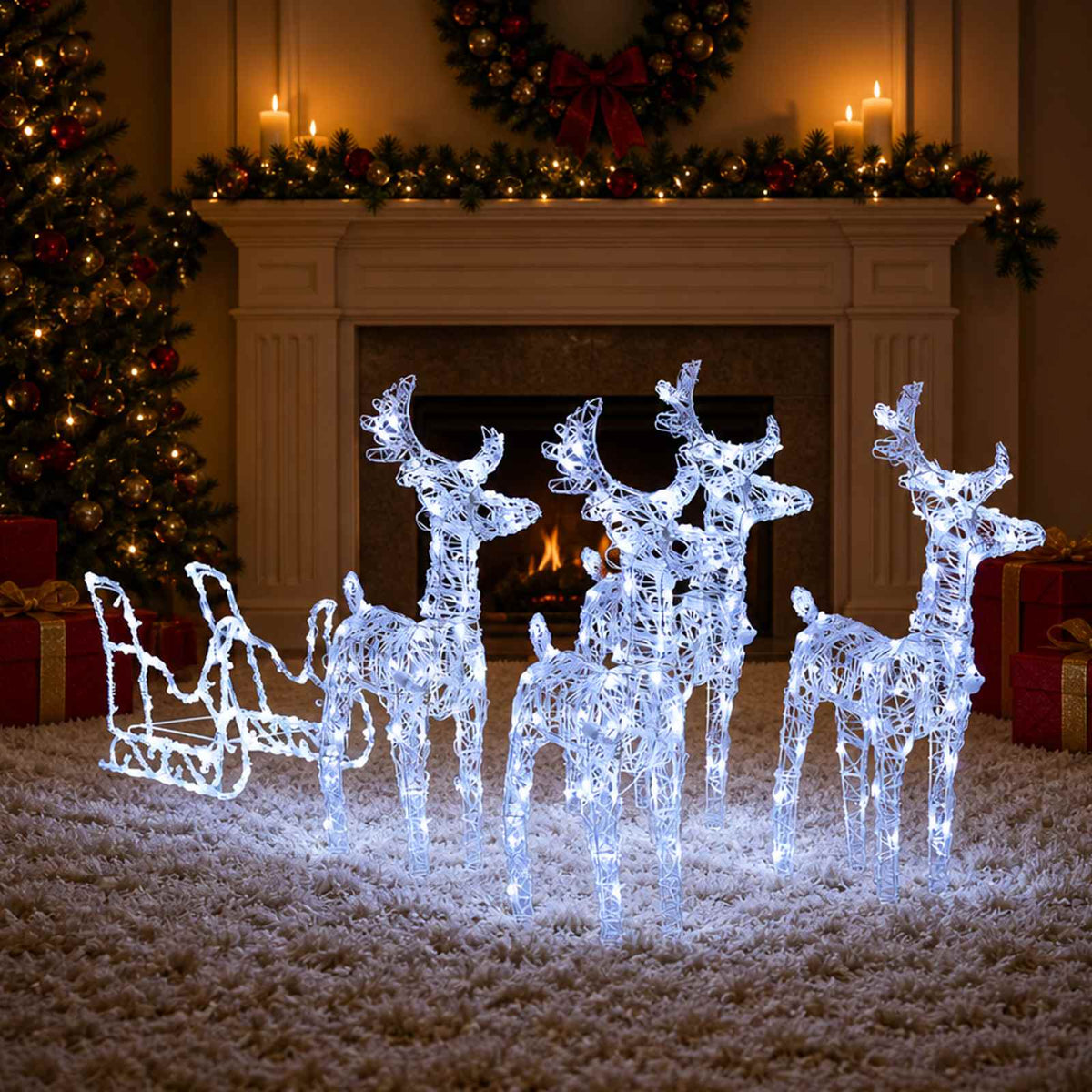 Reindeers &amp; Sleigh Christmas Decoration 280x28x55 cm Acrylic