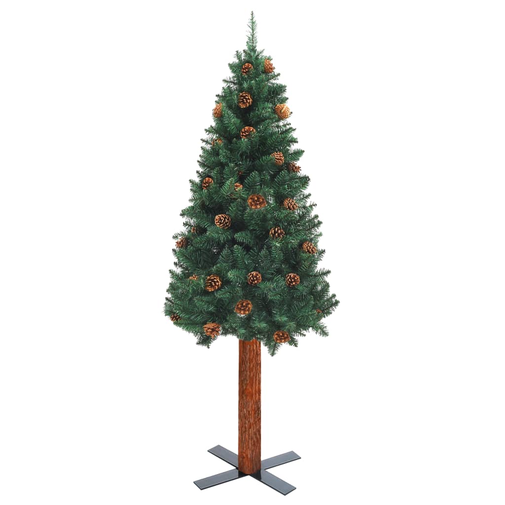 Slim Christmas Tree with Real Wood and Cones Green 150 cm PVC