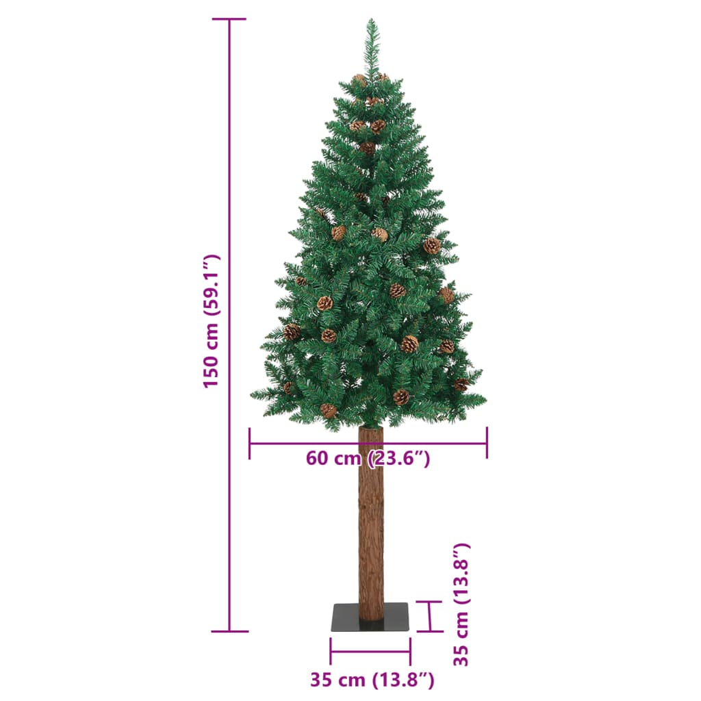 Slim Christmas Tree with Real Wood and Cones Green 150 cm PVC