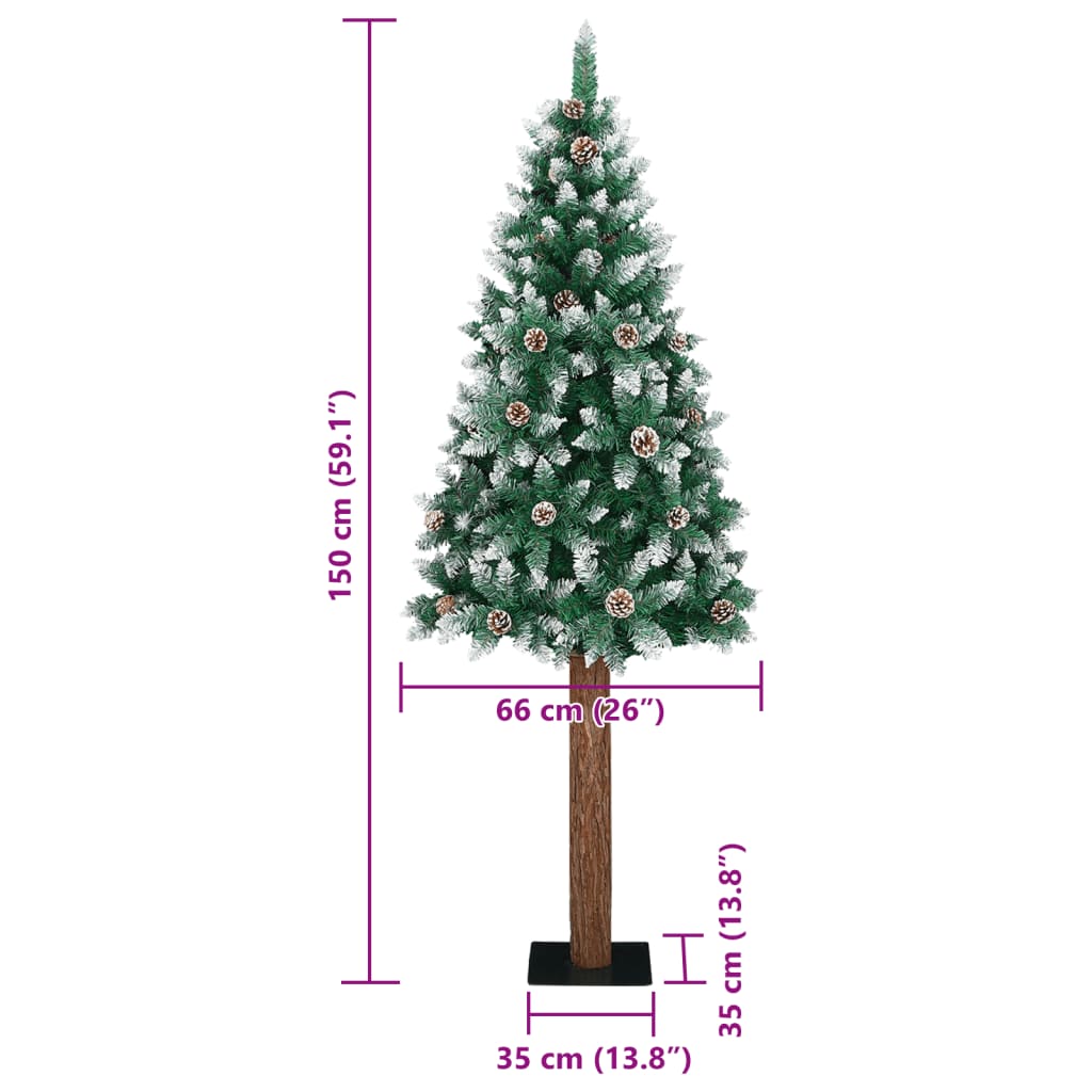 Slim Christmas Tree with Real Wood and White Snow Green 150 cm