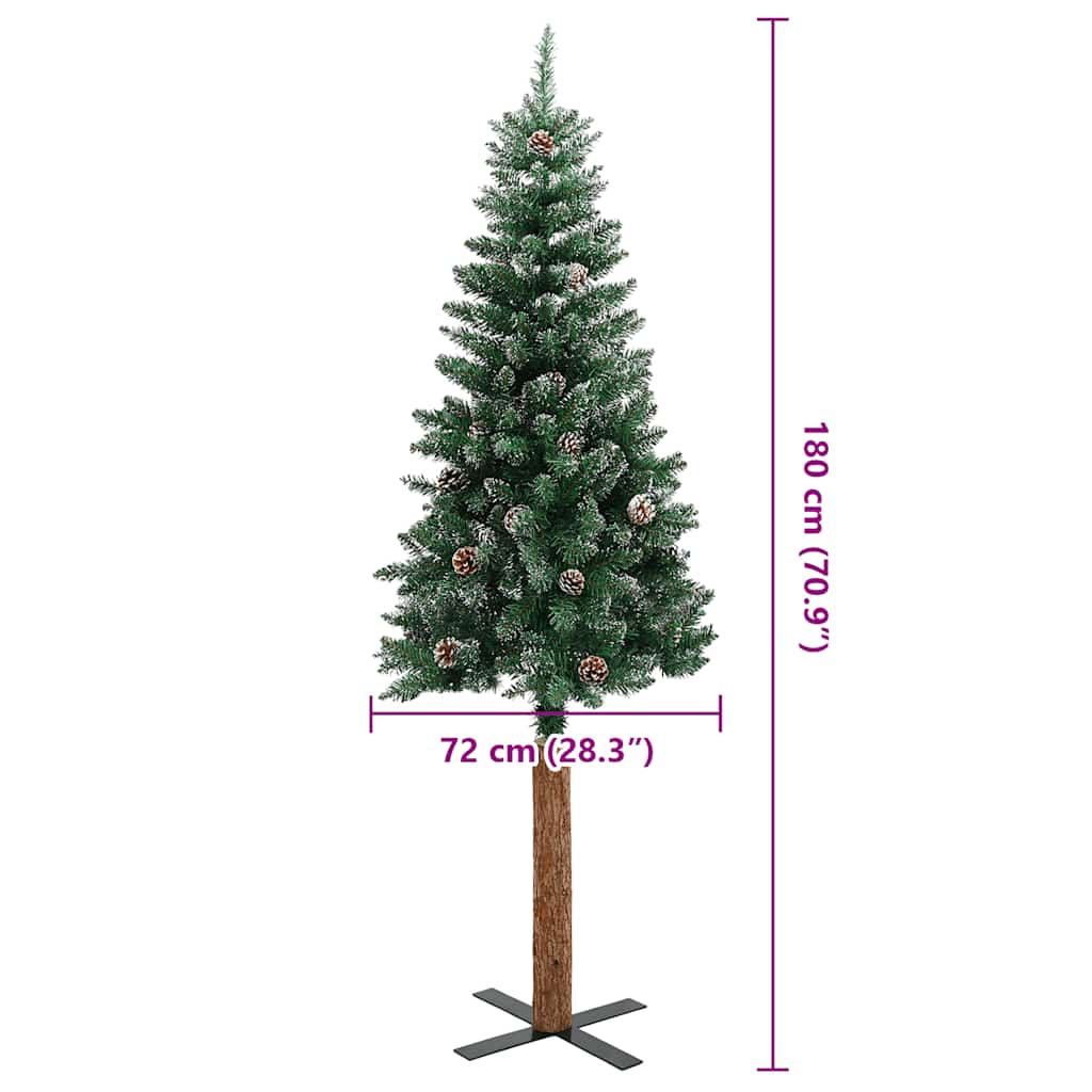 Slim Christmas Tree with Real Wood and White Snow Green 180 cm