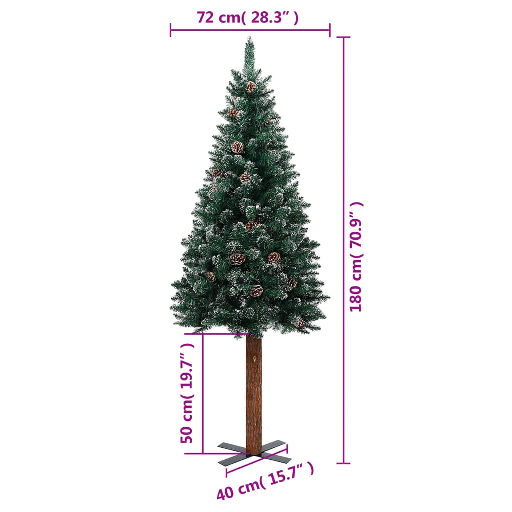 Slim Christmas Tree with Real Wood and White Snow Green 180 cm