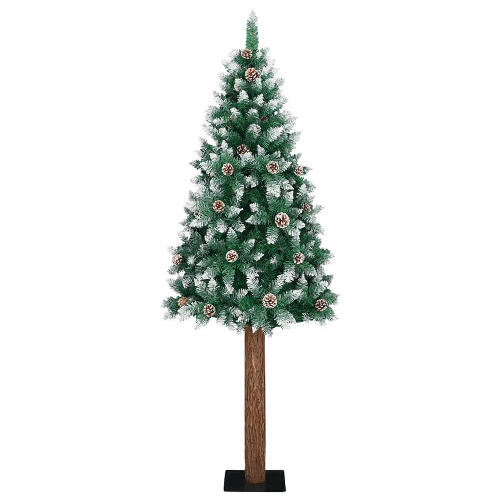 Slim Christmas Tree with Real Wood and White Snow Green 210 cm