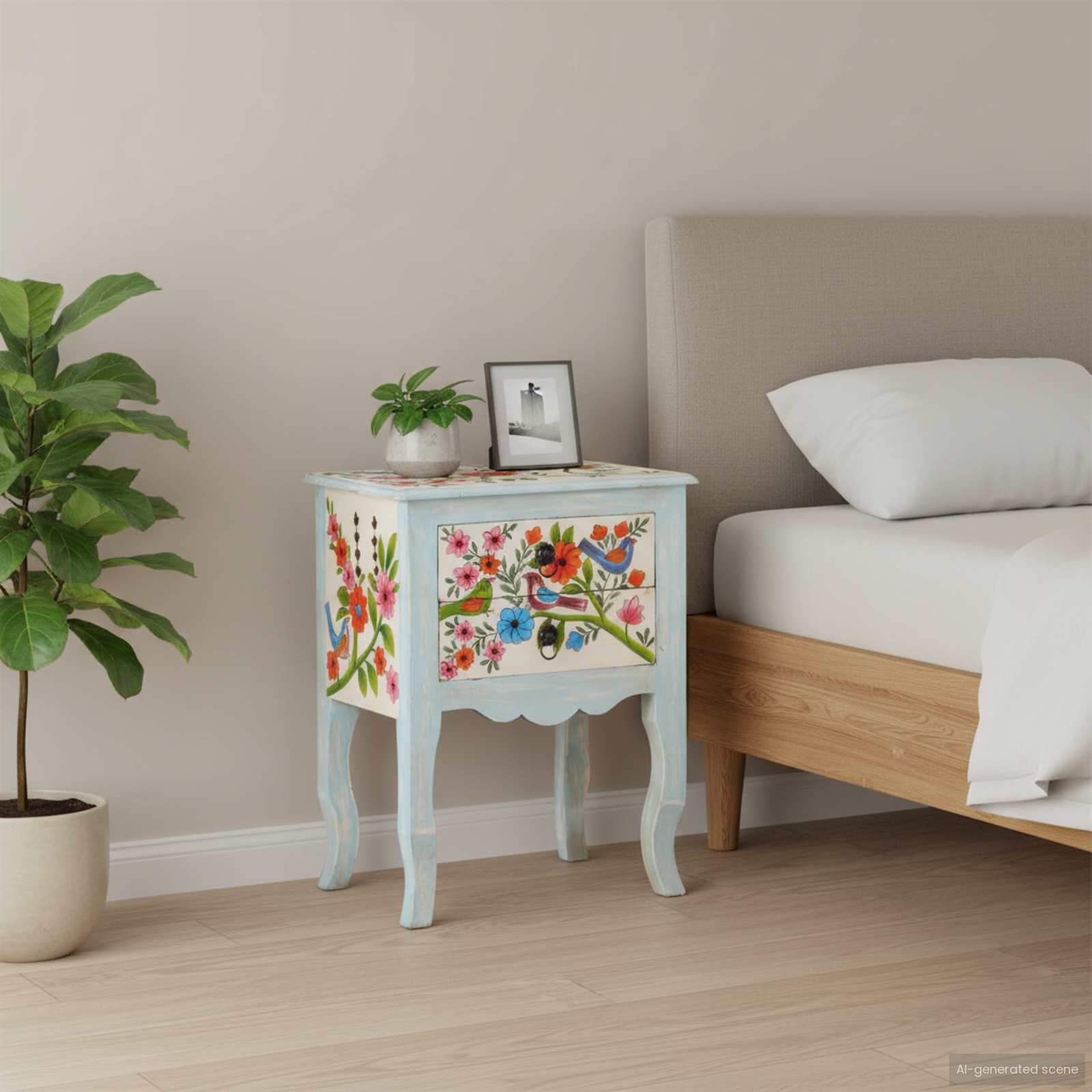 Hand Painted Bedside Cabinet 40x30x50 cm Solid Mango Wood
