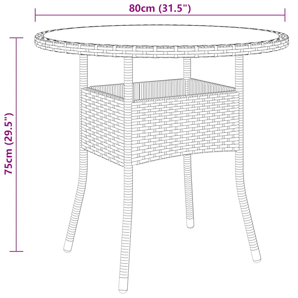 Garden Table Ø80x75 cm Tempered Glass and Poly Rattan Black