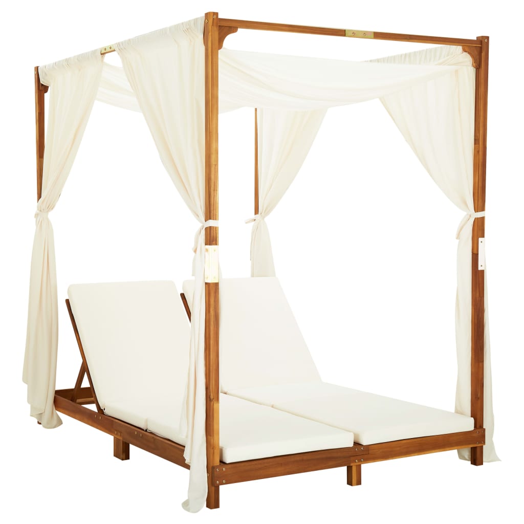 Double Sun Lounger with Curtains &amp; Cushions Solid Acacia Wood