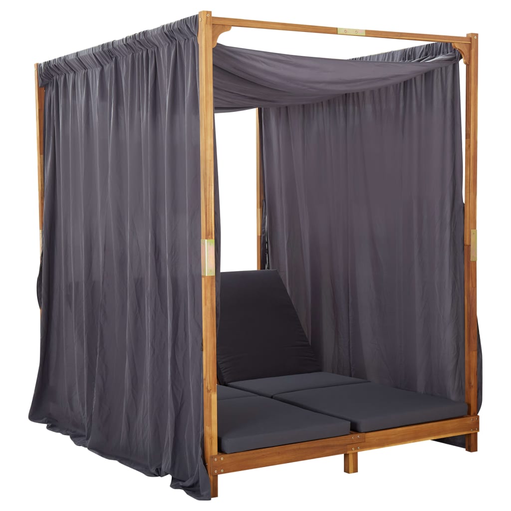 Double Sun Lounger with Curtains & Cushions Solid Acacia Wood