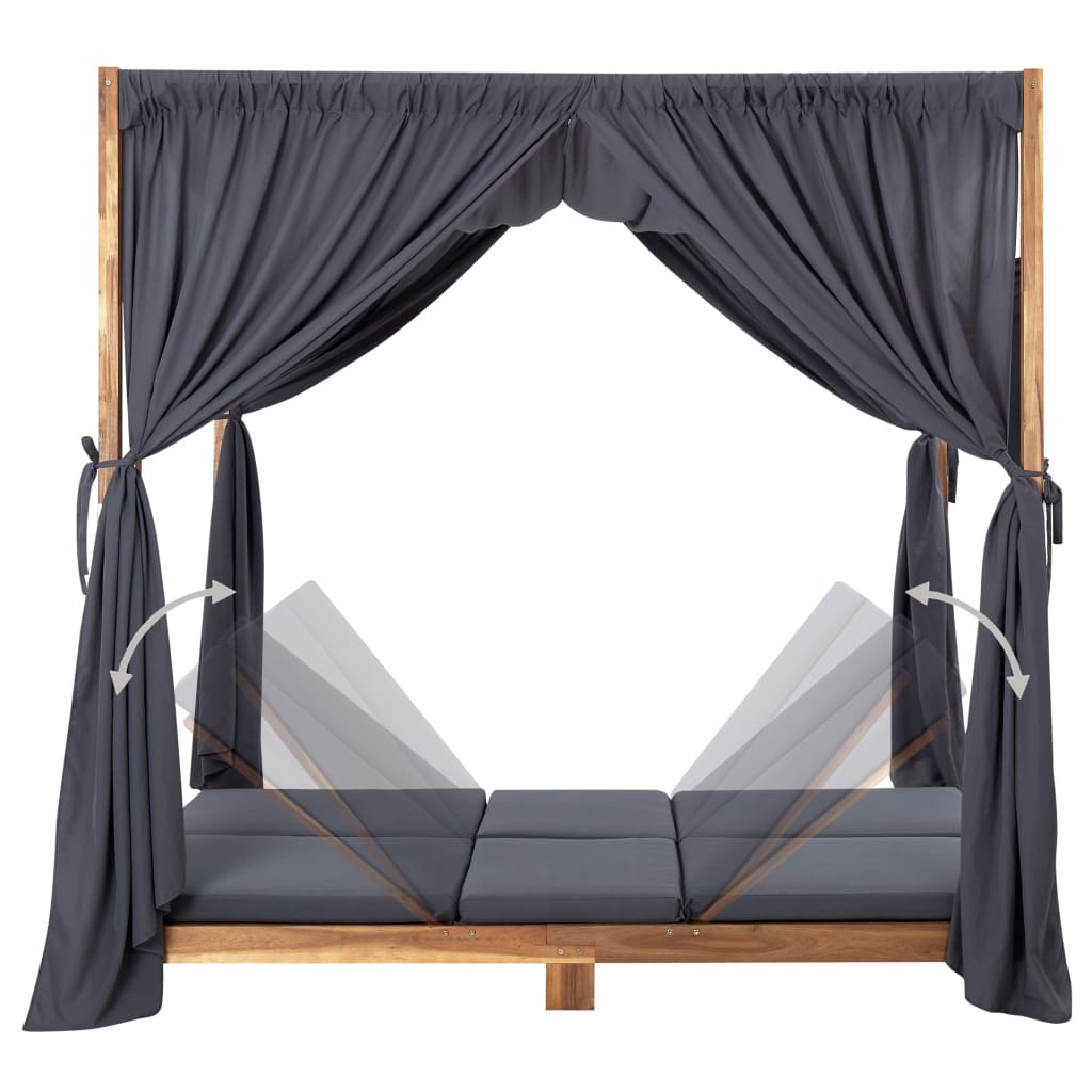 Double Sun Lounger with Curtains & Cushions Solid Acacia Wood