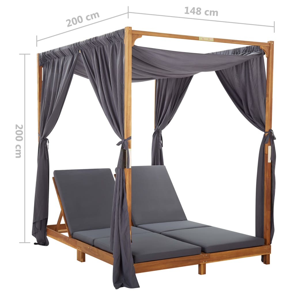 Double Sun Lounger with Curtains & Cushions Solid Acacia Wood