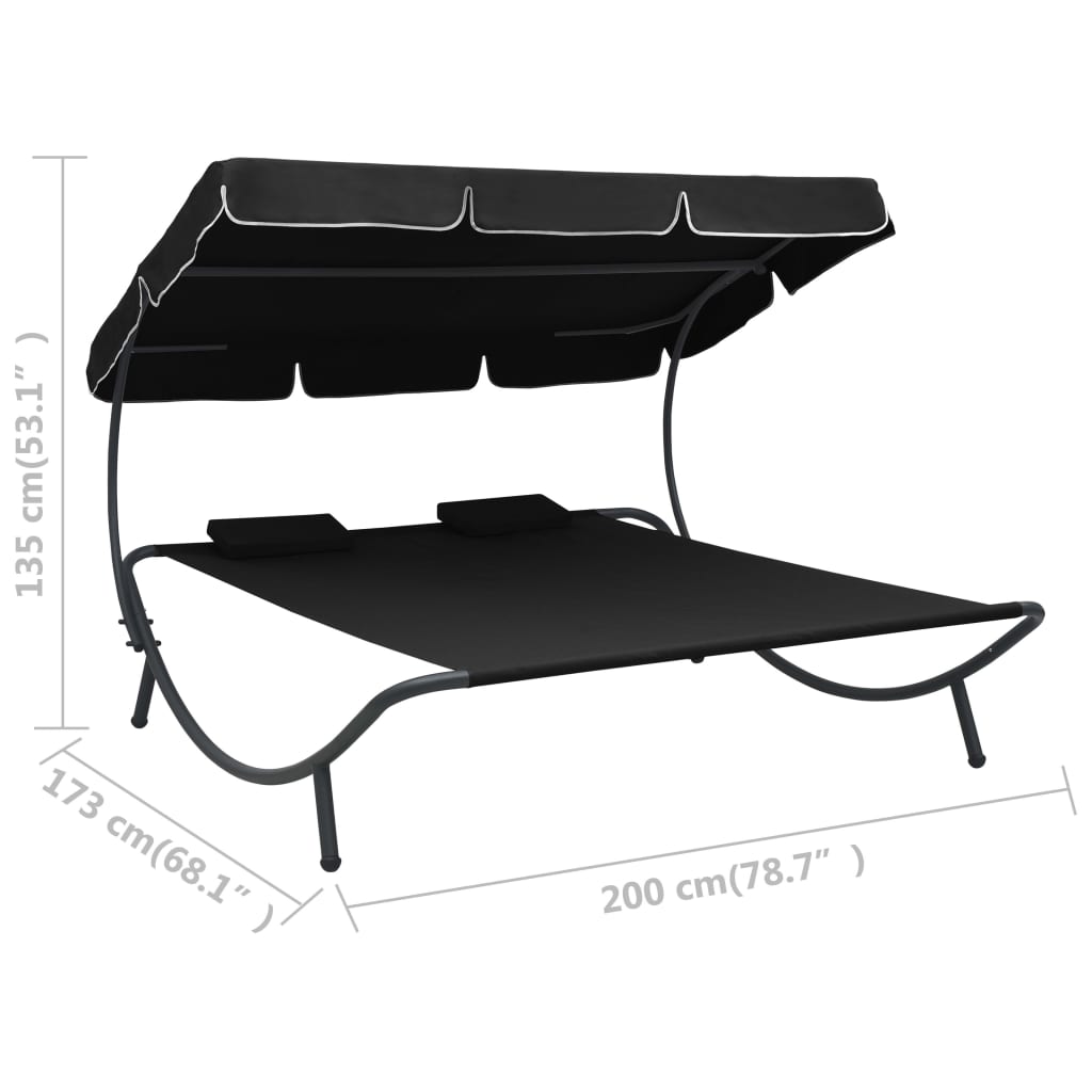 Outdoor Lounge Bed with Canopy and Pillows Black
