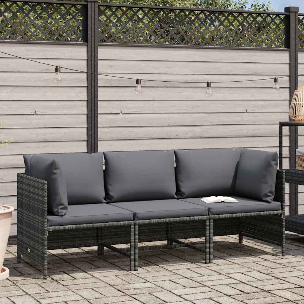 3-Seater Garden Sofa with Cushions Grey Poly Rattan