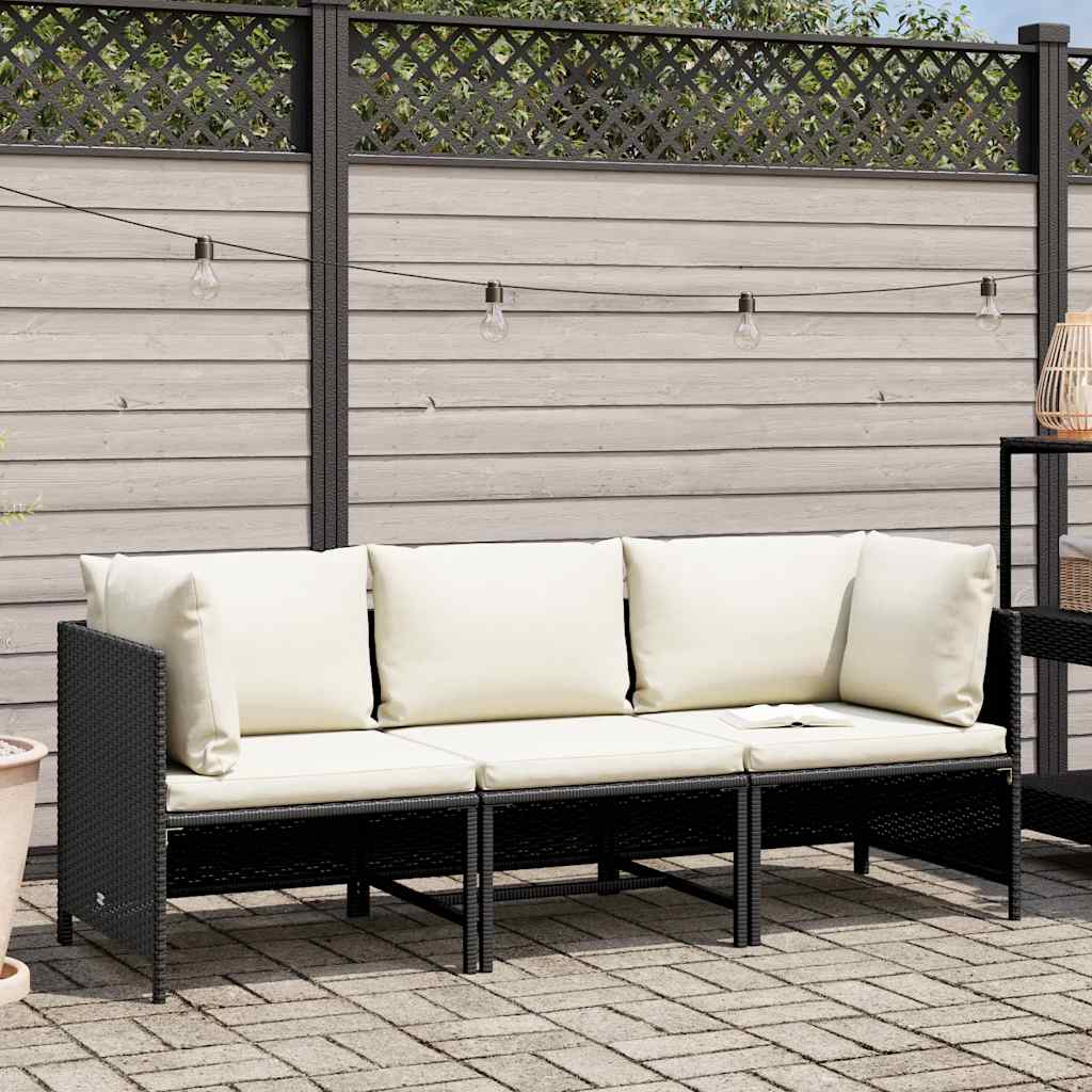 3-Seater Garden Sofa with Cushions Black Poly Rattan