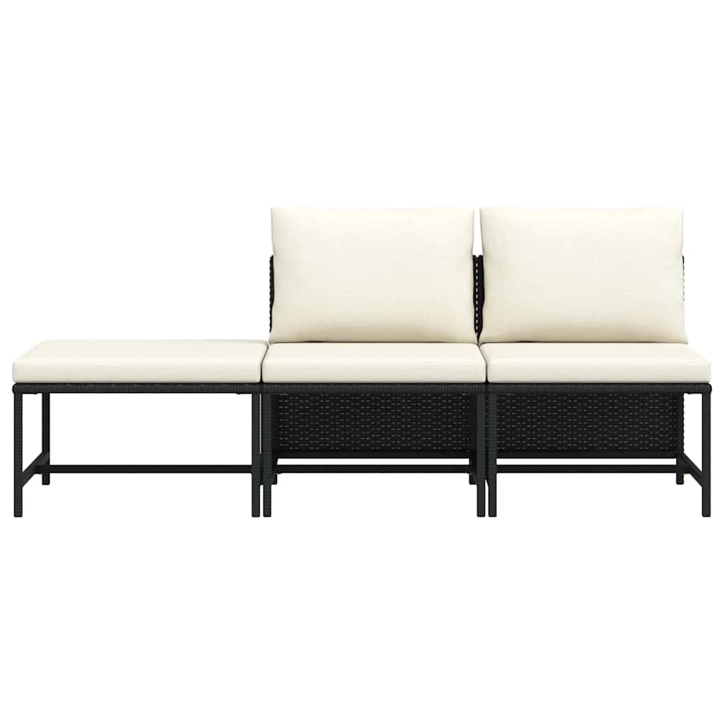 3 Piece Garden Sofa Set with Cushions Black Poly Rattan